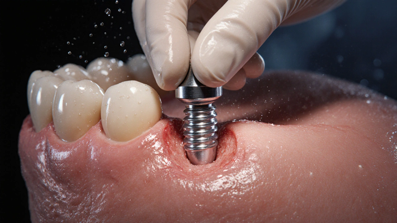Chirurgické vložení titanového zubního implantátu do čelistní kosti pod sterilním osvětlením.