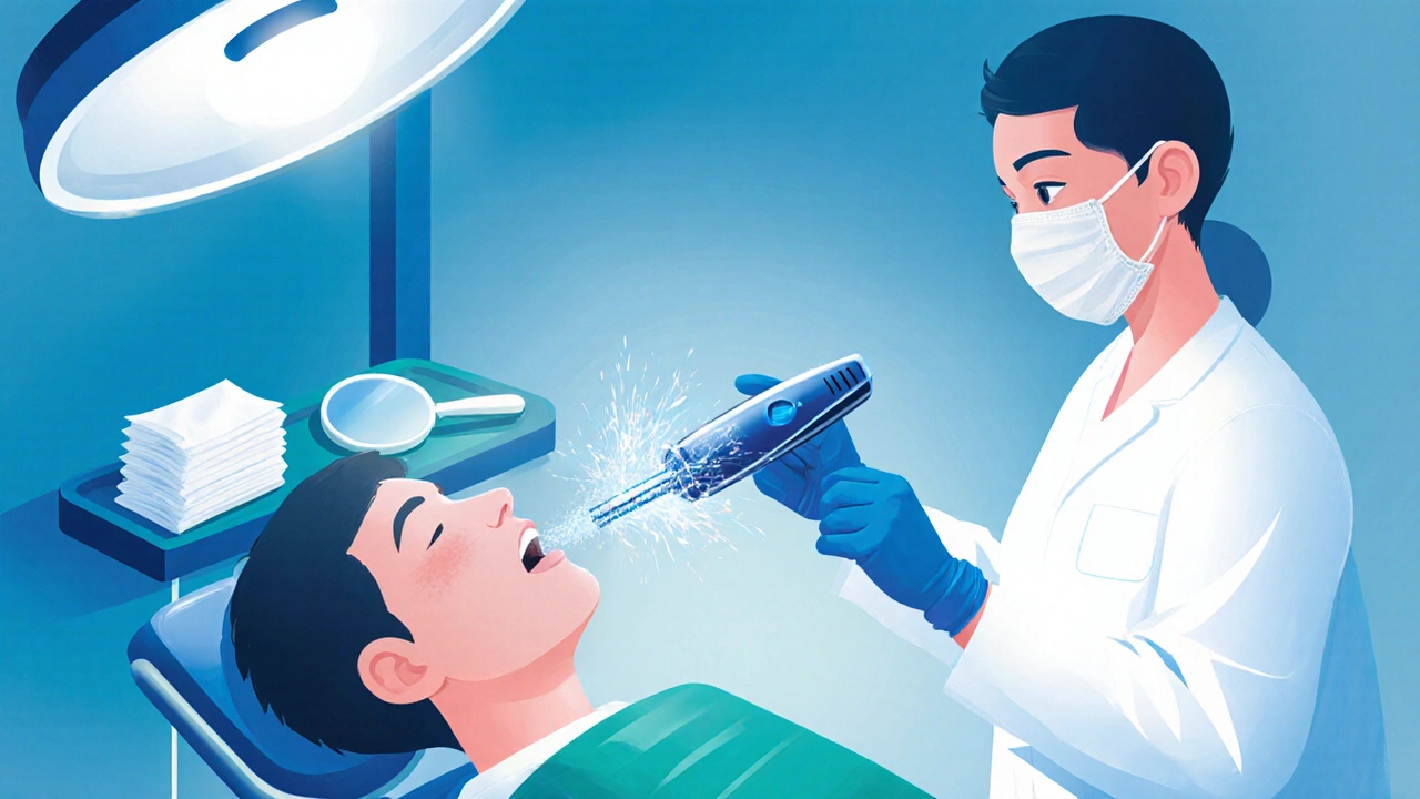 Dentista používá ultrazvukový scaler na pacientovi v moderní ordinaci.