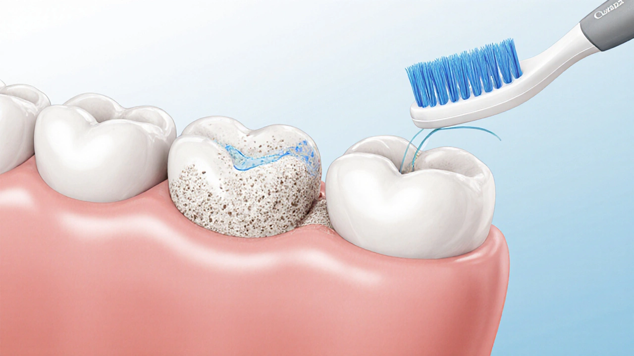 Detail zubu s plakem a mezizubní kartáček odstraňující nečistoty.