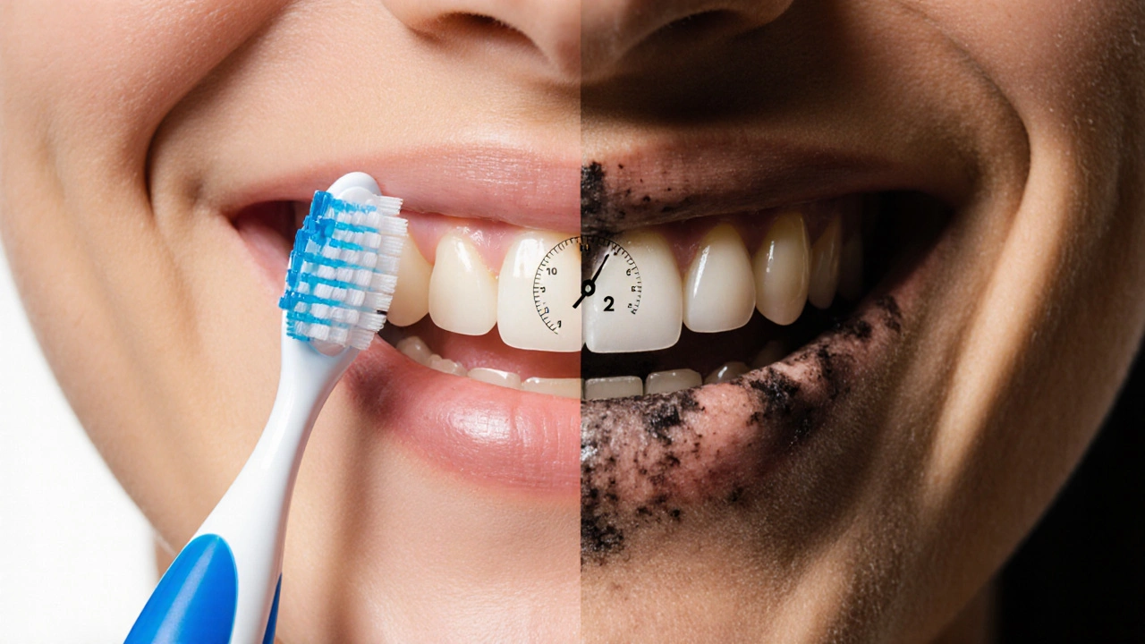 Dvě části úsměvu: zdravý vlevo, zničený vpravo, symbolizující důsledky denní péče.