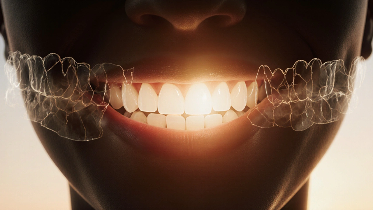 Healthy natural-looking ceramic tooth glowing amid fading failed crowns.