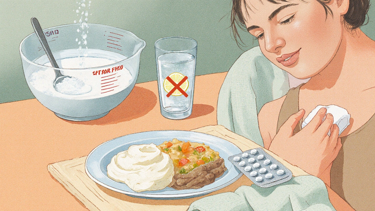 Ilustrace domácí péče: slaná voda, měkké jídlo, ibuprofen a studený obklad.