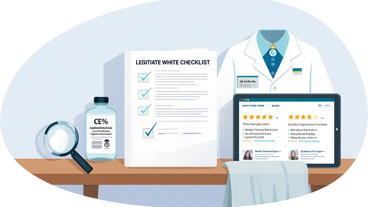 Ilustrace kontrolního seznamu: certifikát, koncentrace peroxidu, recenze a dentální plášť vedle pásků.