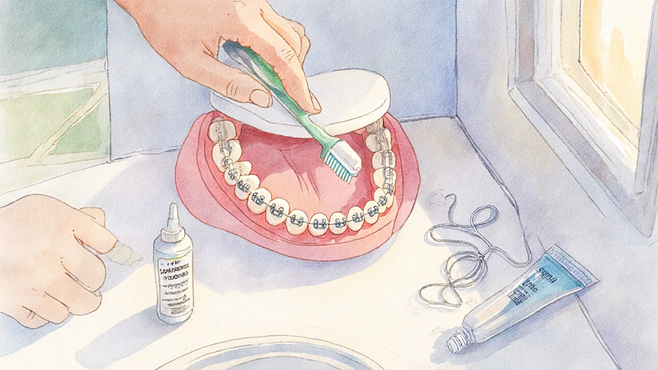 Ilustrace ústní hygieny: kartáček, mezizubní kartáček, fluoridový gel a krém.