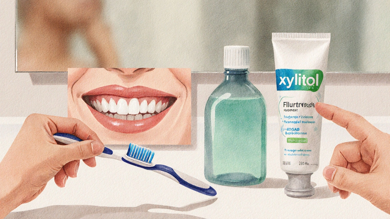 Každodenní ústní hygiena: kartáček, mezizubní kartáček, ústní voda a masáž dásní.
