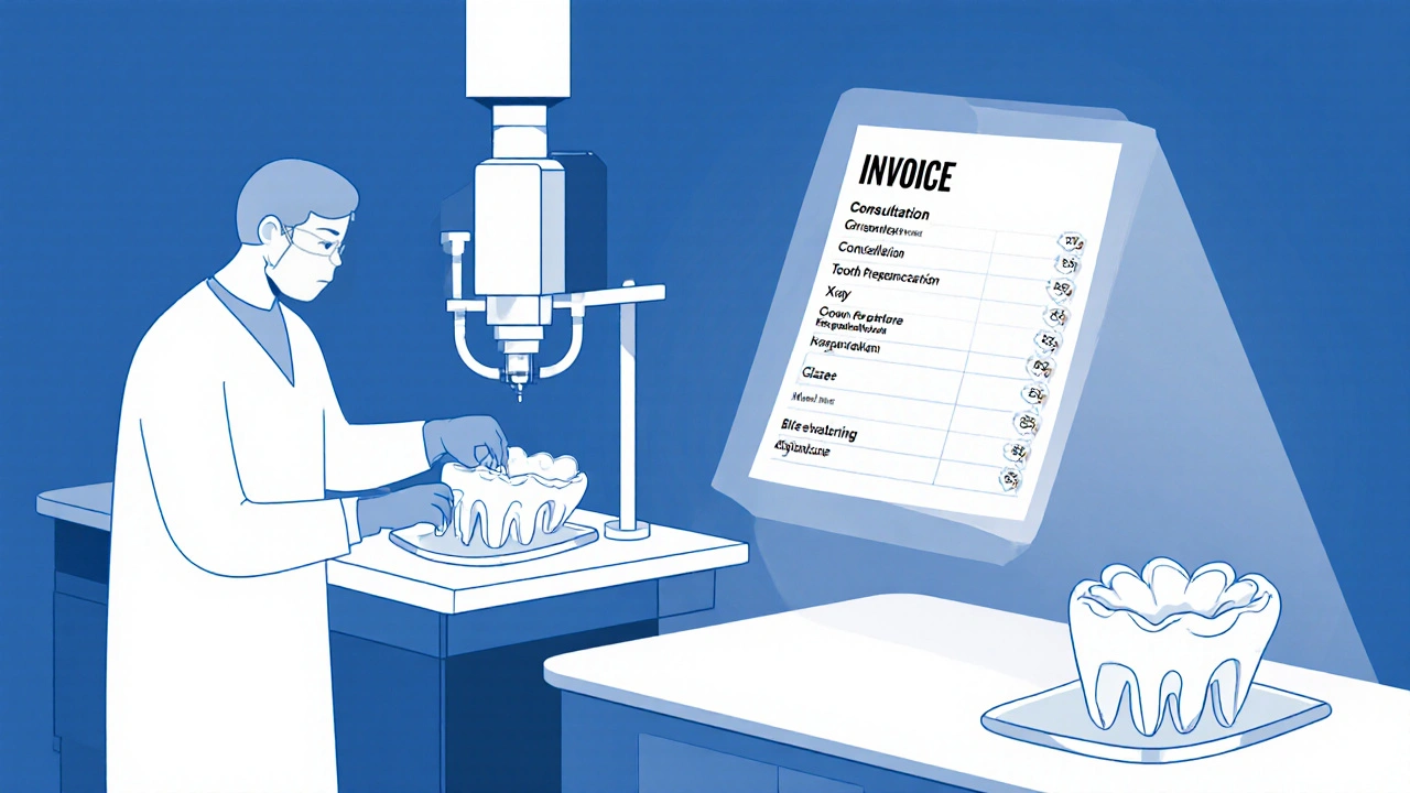 Laboratorní technik vyrábí zirkoniovou a keramickou korunku, vedle plovoucí faktury s položkami.