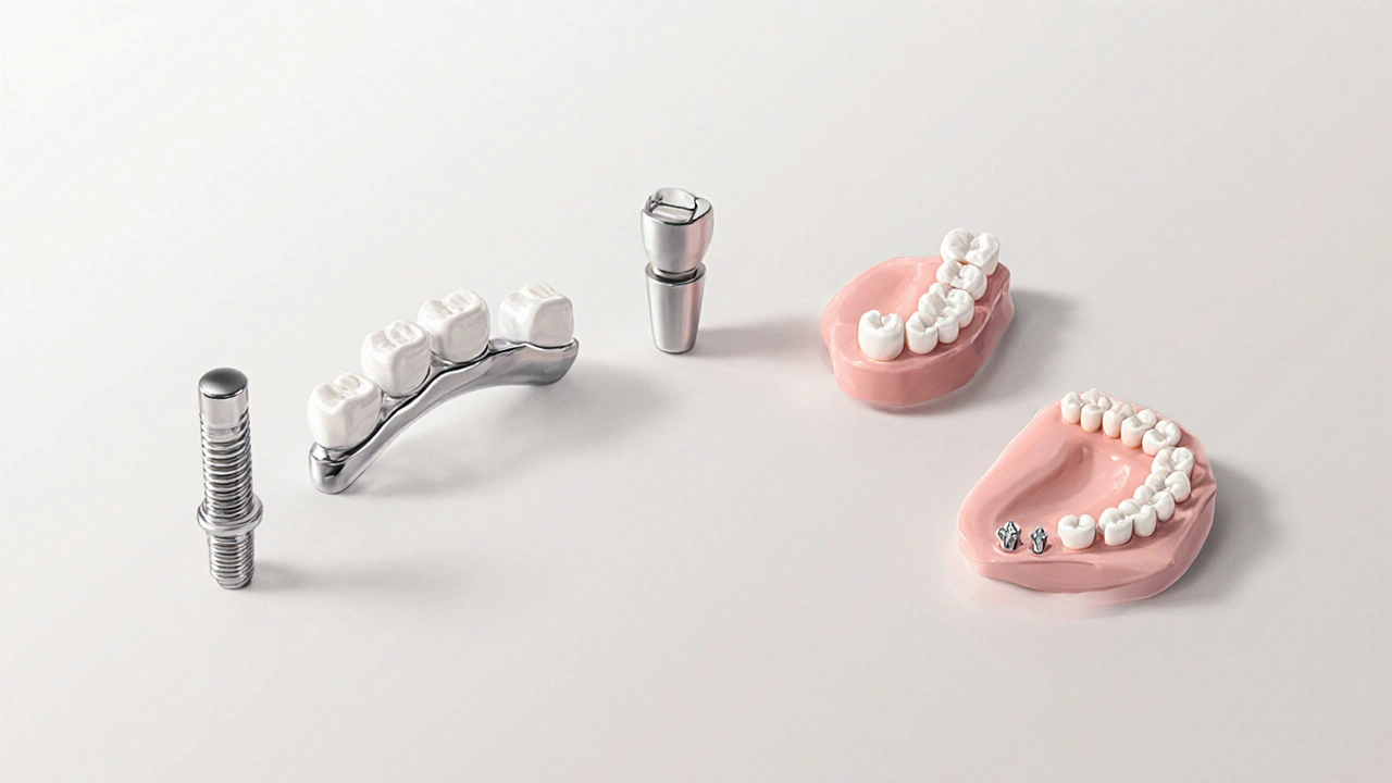 Ploché uspořádání pěti možností zubní náhrady: implantát, můstek, celá protéza, částečná protéza a mini‑implantát.