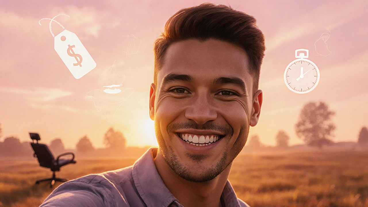 Sebevědomý selfie s rovnými zuby při západu slunce, v pozadí jsou stíny dýchající výběr.