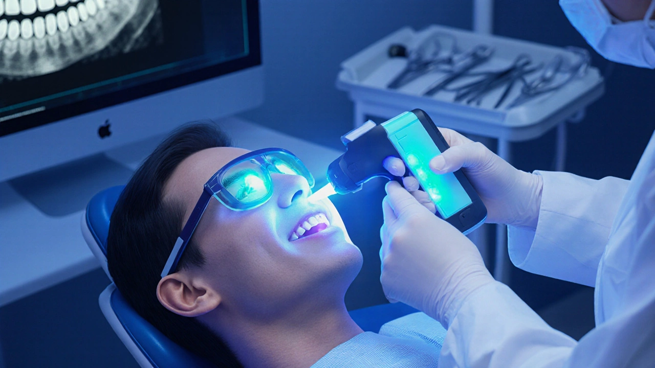 Zubař pomocí fluorescenčního přístroje kontroluje poškozené zuby.