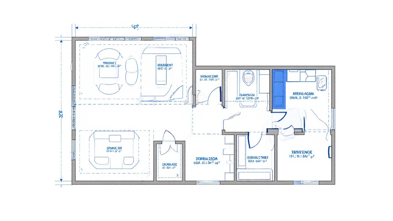 Architectural layout of a dental office showing required zones: treatment, sterilization, storage and waste area.
