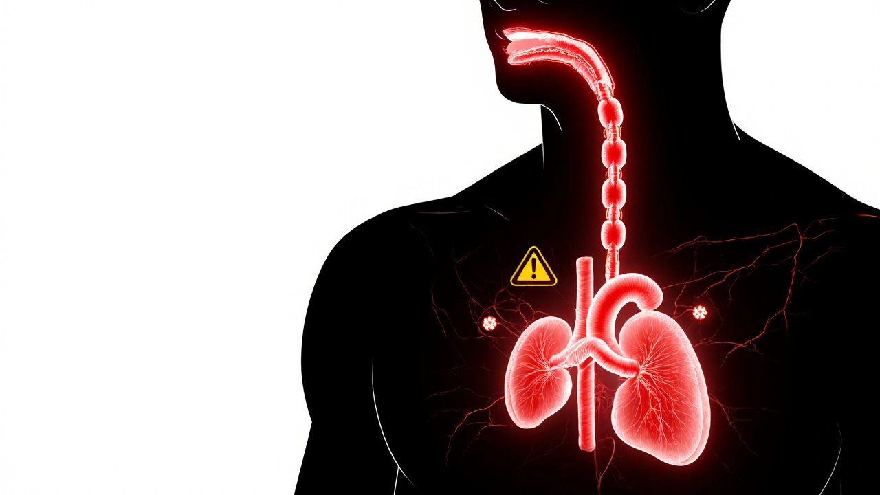 Bakterie šířící se z hrtanu do srdce a ledvin, symbolizující vážné komplikace nelečené angíny.