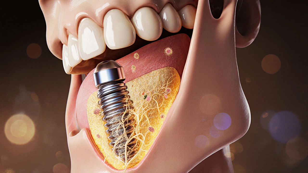 Cross-section of jawbone showing titanium implant fusing with new bone tissue.
