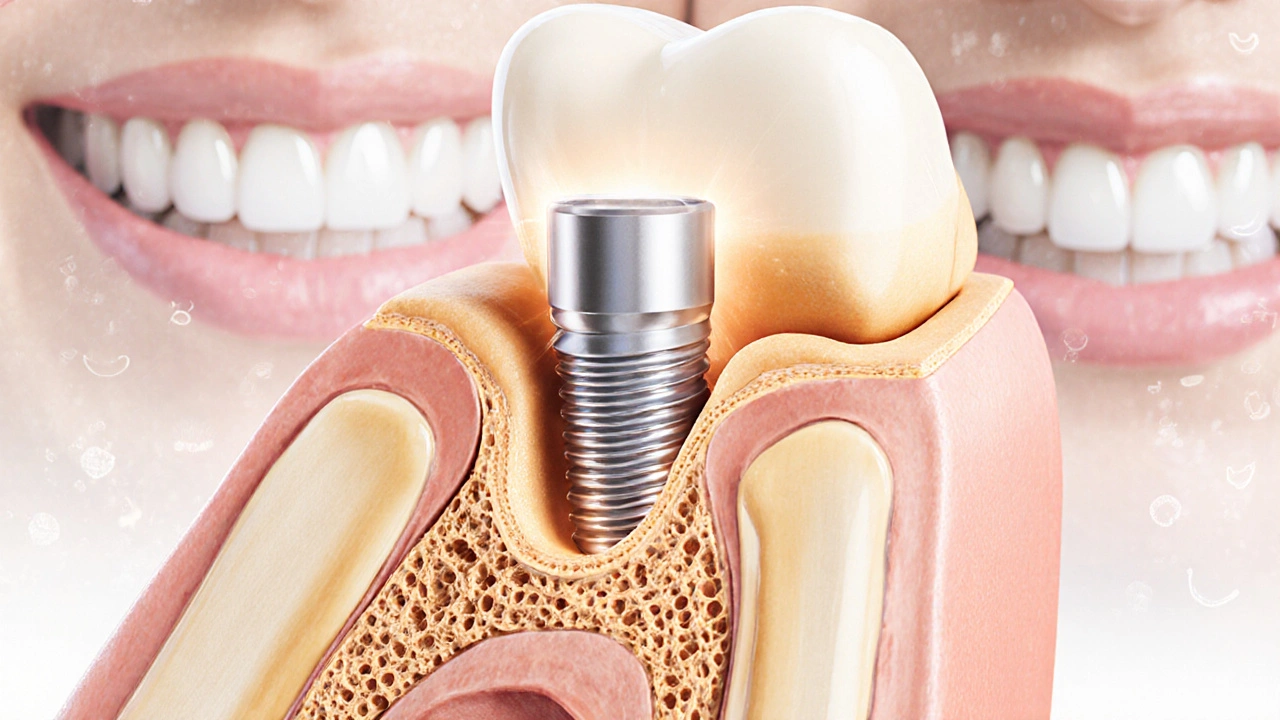 Cross-section of jawbone showing titanium implant integrating with new bone tissue.