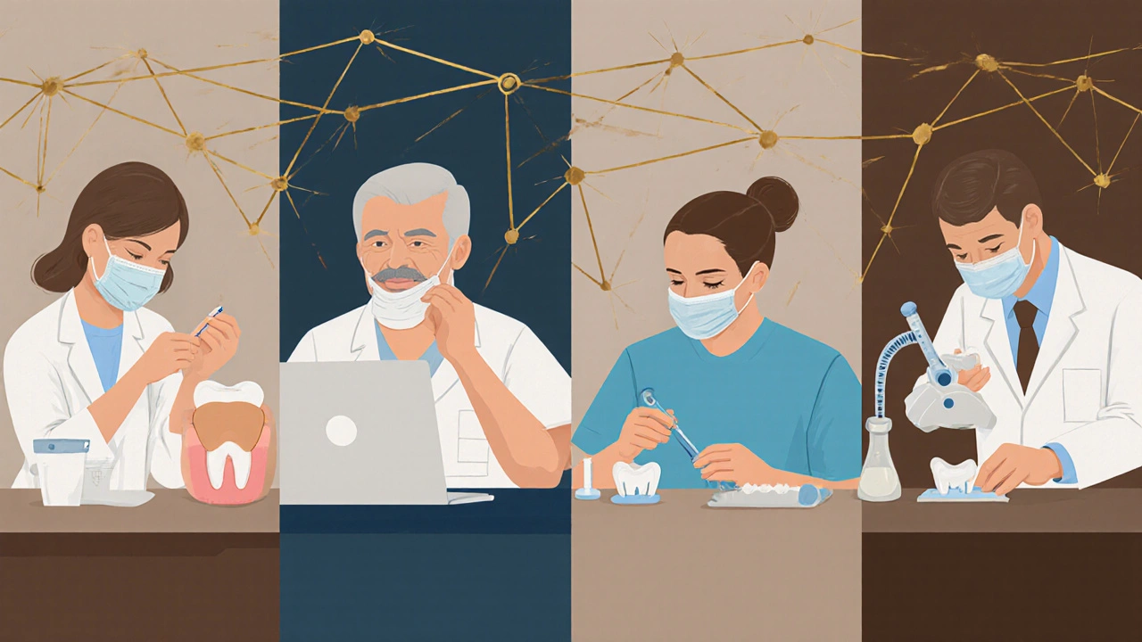 Čtyři odborníci v stomatologii: lékař, ortodont, chirurg a technik.