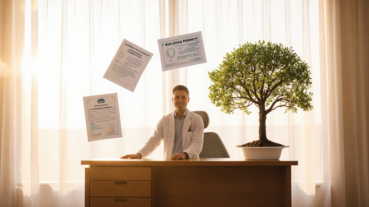 Dental professional surrounded by legal and financial documents, with a tree growing from a dental chair.