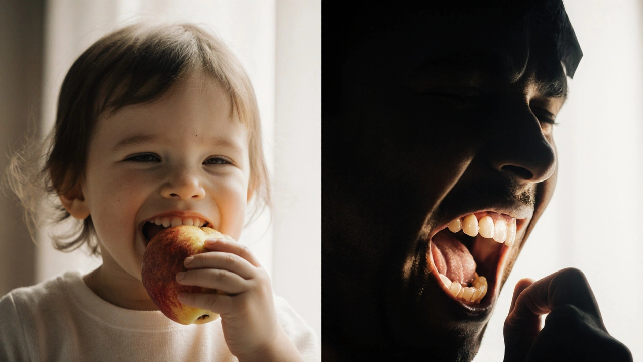 Dítě jedí jablko, vedle něj stín dospělého s nesprávně postavenými zuby a otevřenými ústy.