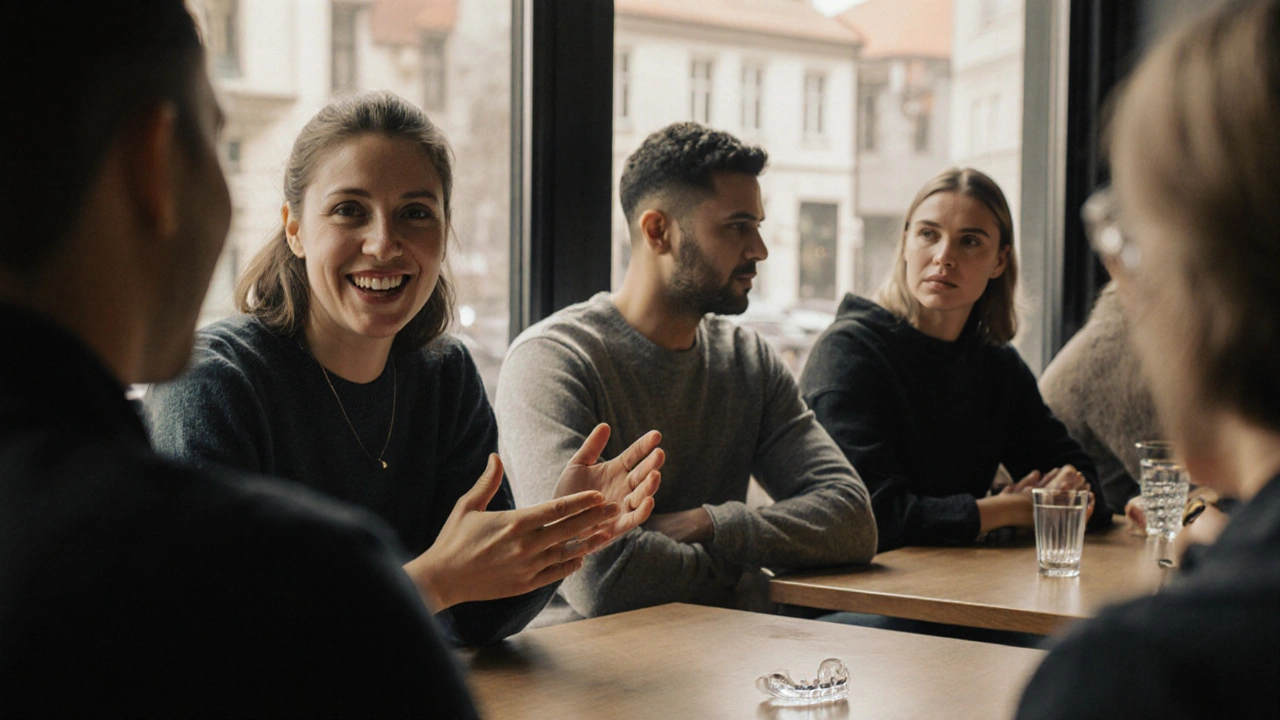 Dospělí v kavárně: jedna osoba se směje otevřeně, druhá se drží zpět s uzavřenými rty.
