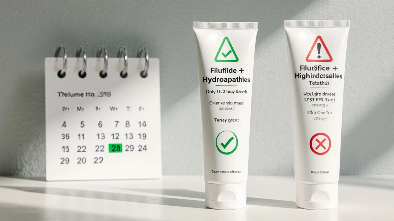 Dvě zubní pasty na stole: jedna bezpečná, druhá riziková, s kalendářem používání.