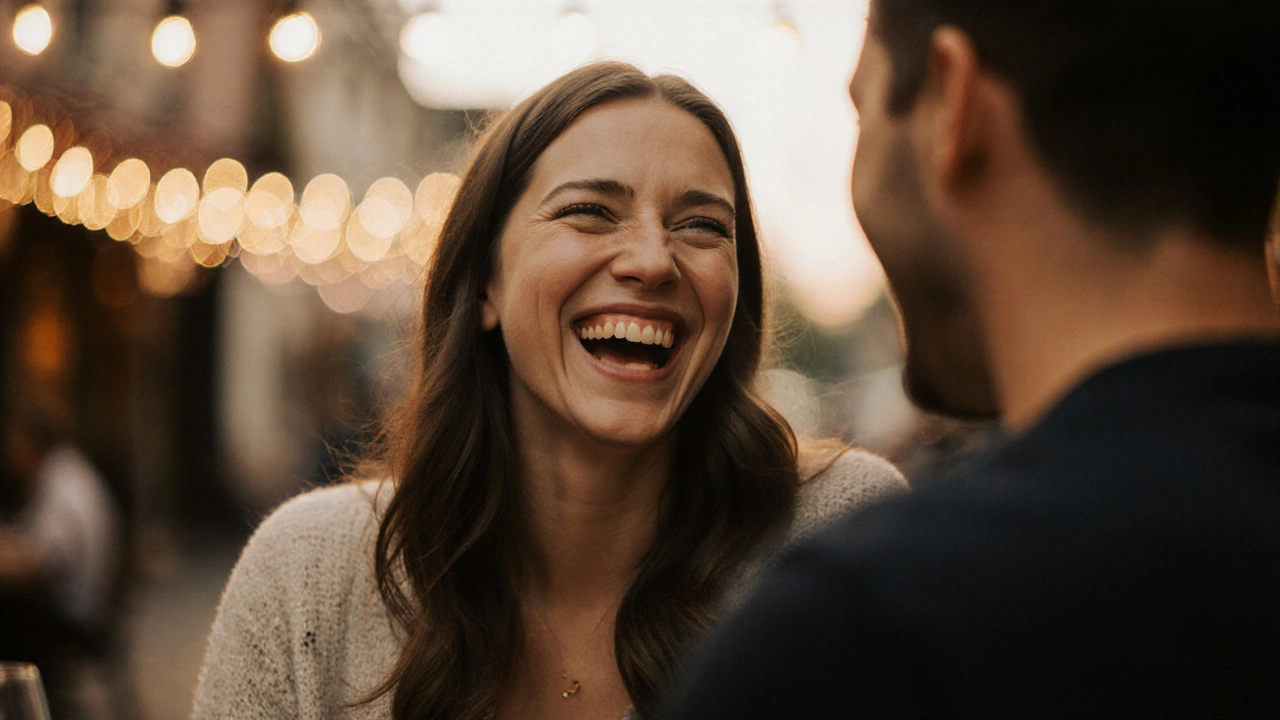 Dvojice se směje na prvním datu za teplých večerních světel, úsměv je přirozený a bez strachu.