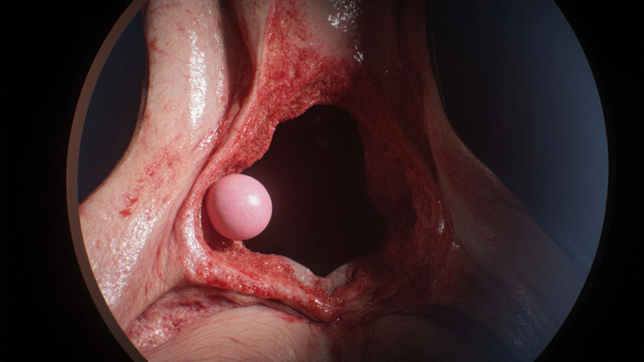 Endoskopický pohled na nádor v nosních dutinách s upravenou sliznicí.