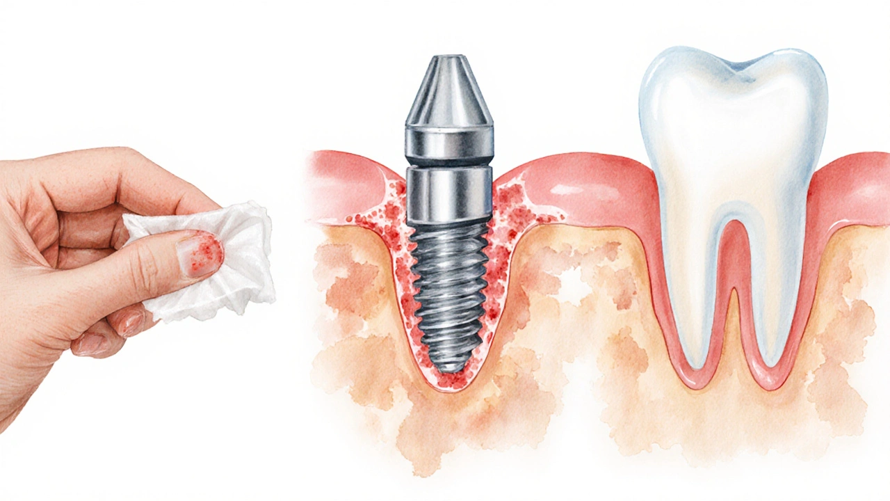 Ilustrace hojení zubního implantátu: od krvácení přes implantát v kosti až po dokončenou korunku.