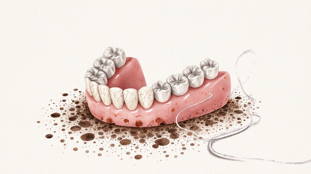 Jemné poškrábání na keramickém rovnátku s plakem a plastovou zubní nití.