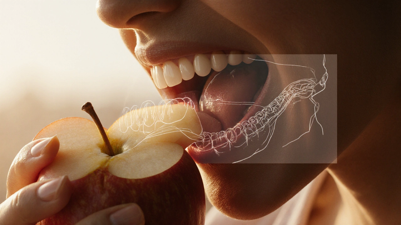 Kousnutí do jablka s průhledným zobrazením, jak každý typ zubu zpracovává potravu: řezáky, špičáky a stoličky.