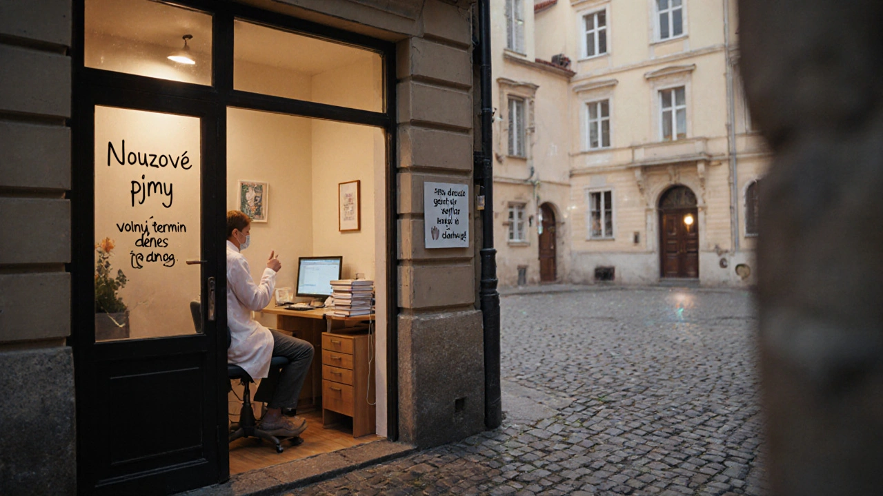 Malá zubní ordinace v pražském domě s nápisem &#039;Nouzové příjmy&#039; a pacientem v čekárně.