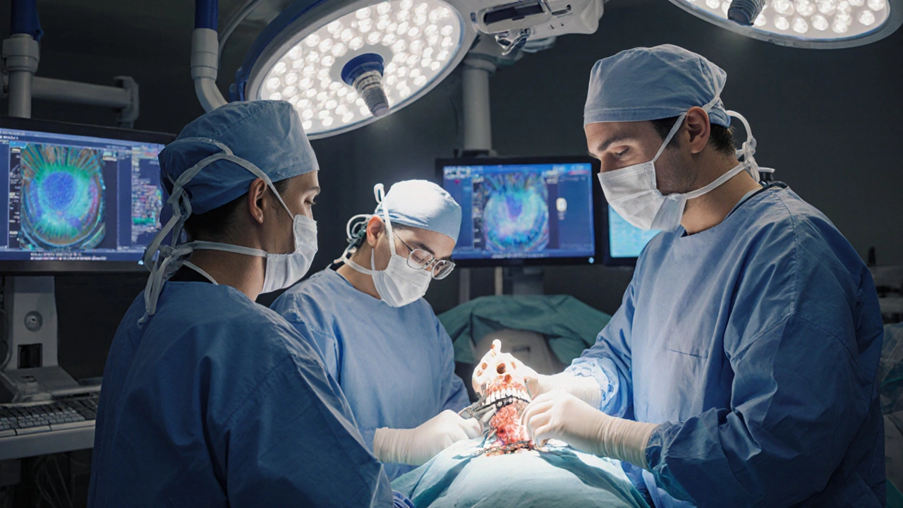 Maxilofaciální chirurg provádí operaci čelisti v operačním sále.
