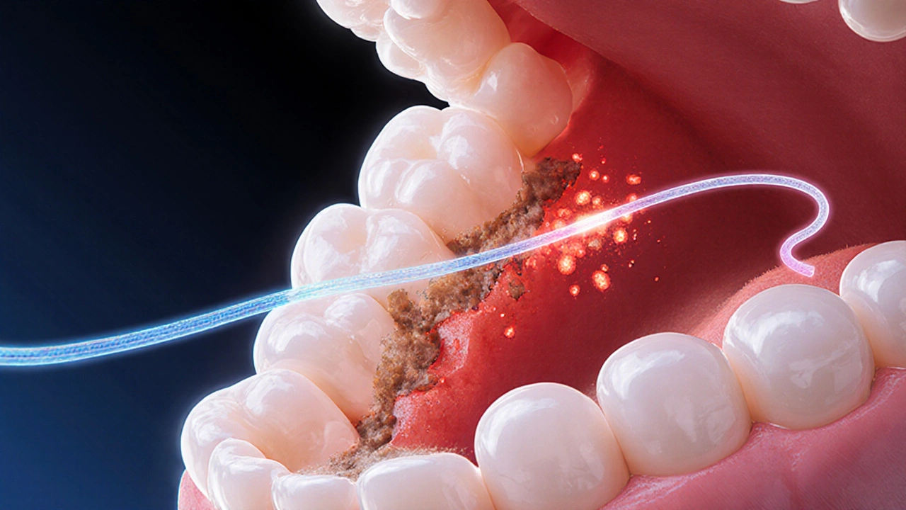 Mikroskopický pohled na odstranění plaku mezizubní nití.