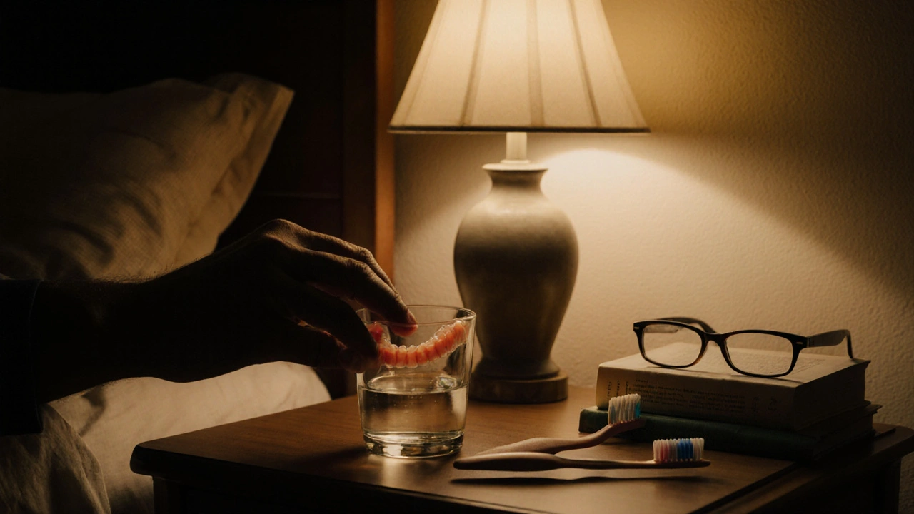 Muž ukládá protézu do roztoku na nočním stolku.