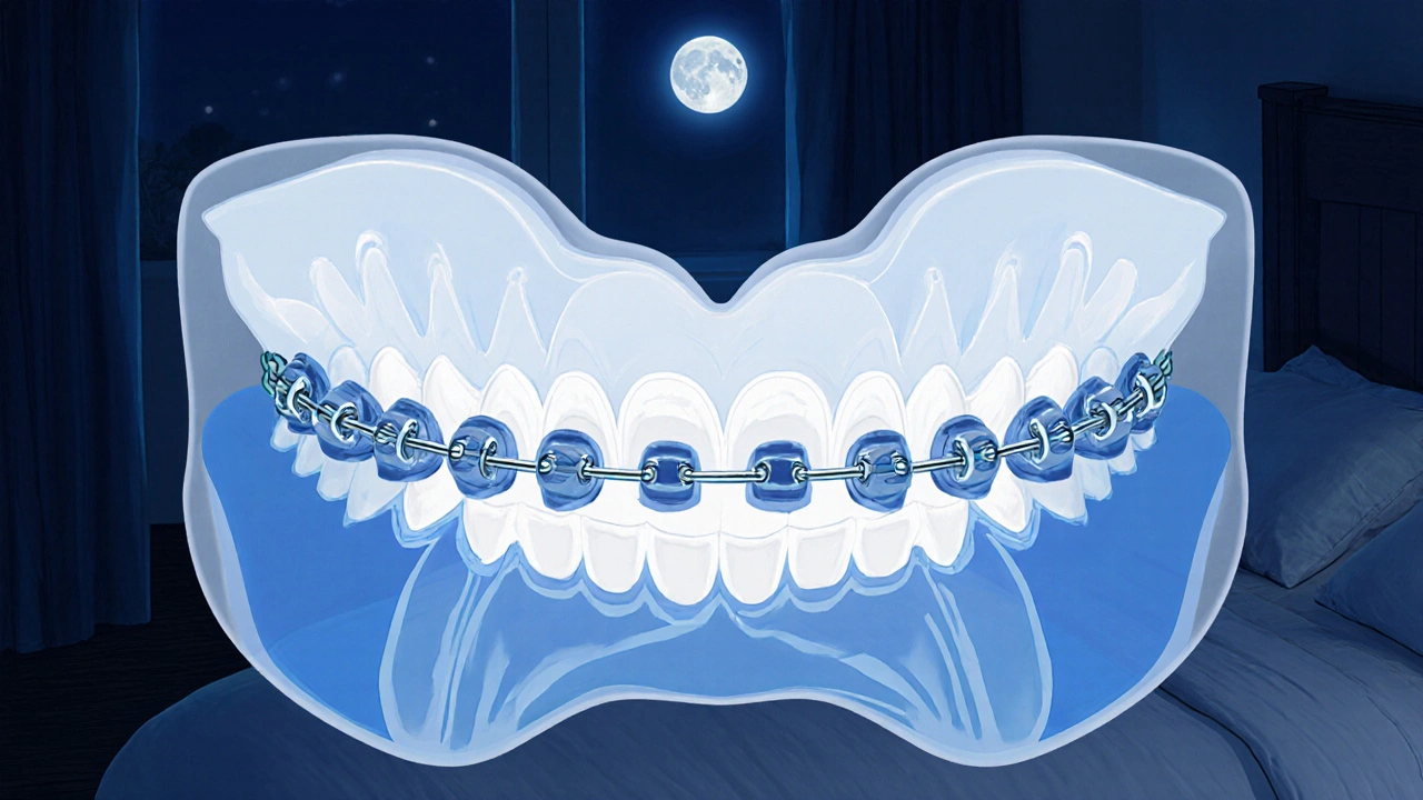 Noční ortodontická brána pro léčbu progenie u dítěte, viditelná v průřezu.