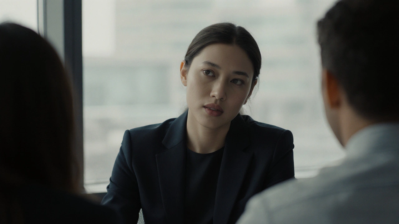 Osoba během pracovního pohovoru mluví s jistotou, i když je mezera mezi zuby viditelná.