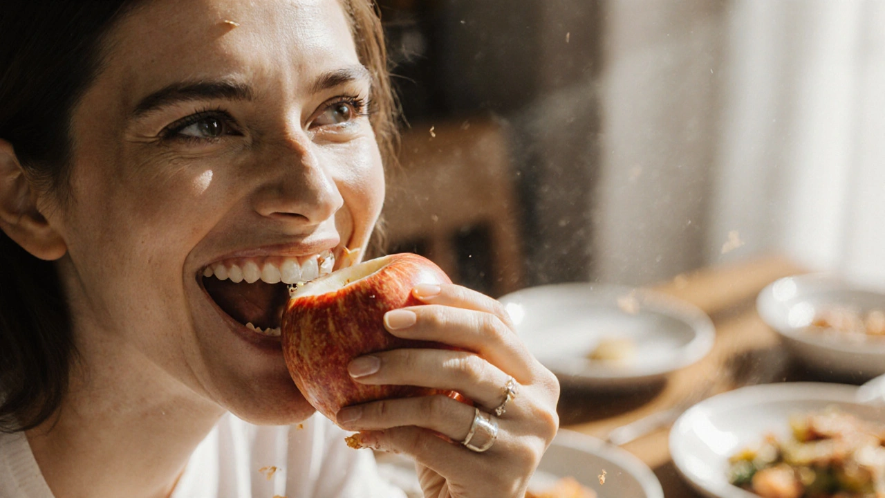 Osoba kousá jablko s zubní náhradou a smíje se, znak úspěšné přizpůsobení.