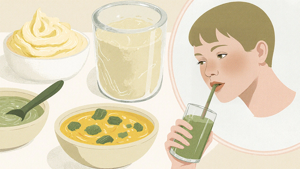 Osoba pije smoothie pipetou, kolem ní měkké potraviny pro rekonvalescenci po operaci obličeje.