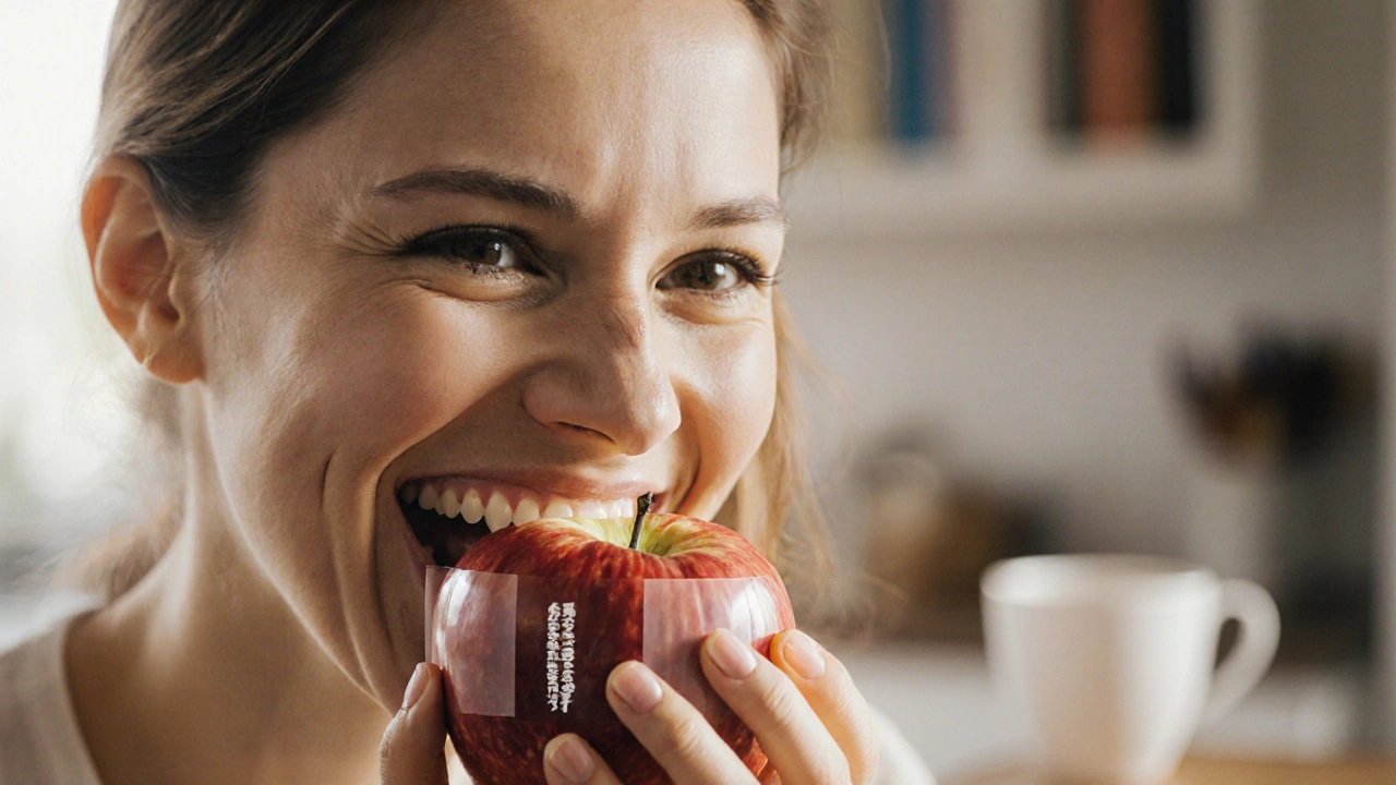 Osoba se směje, když jí jablko — skrytý implantát v čelisti je vidět jen jako průhledný překryv.