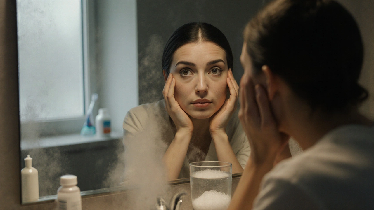 Pacient se dívá do zrcadla s tichou reflexí, vedle něj solný plácnutí a zubní kartáček.