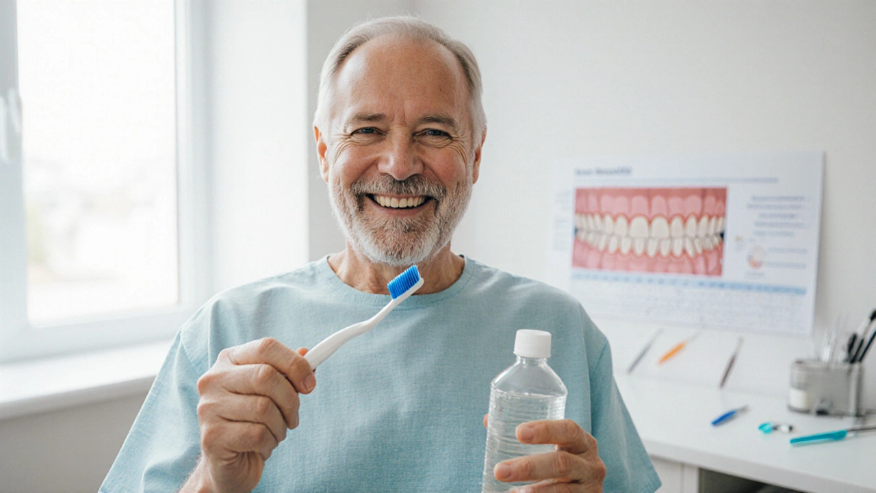 Pacient se po kyretáži usmívá s zubní kartáčkem, znak zotavení a udržení zubů.