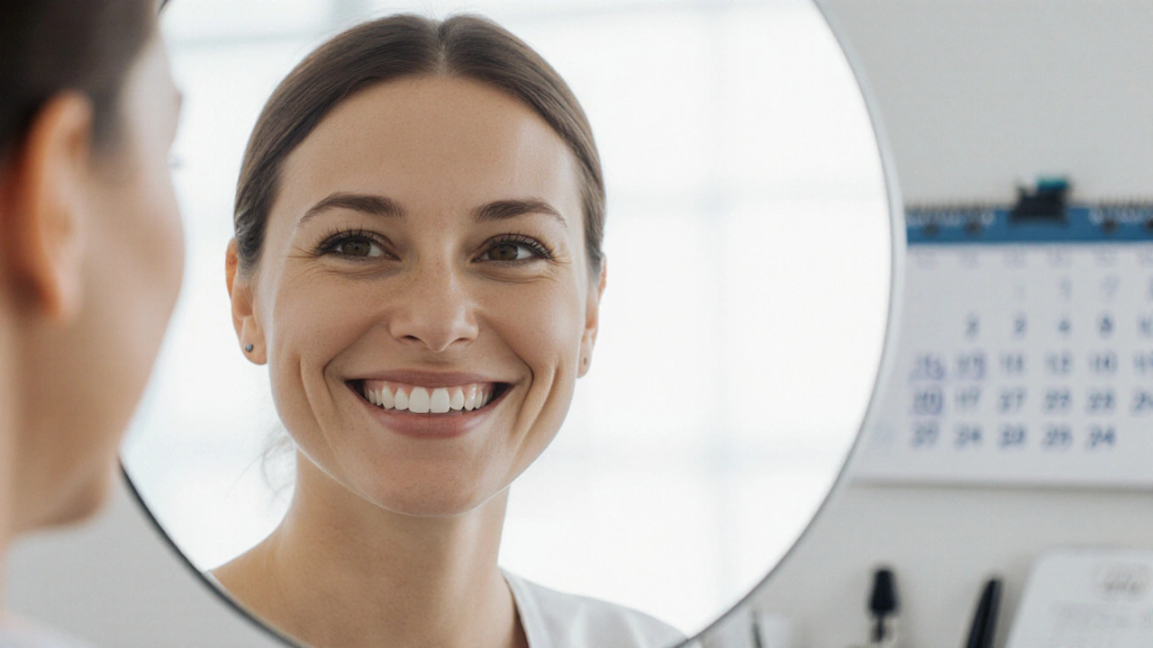 Patient smiling in mirror with new dental implant crown visible.