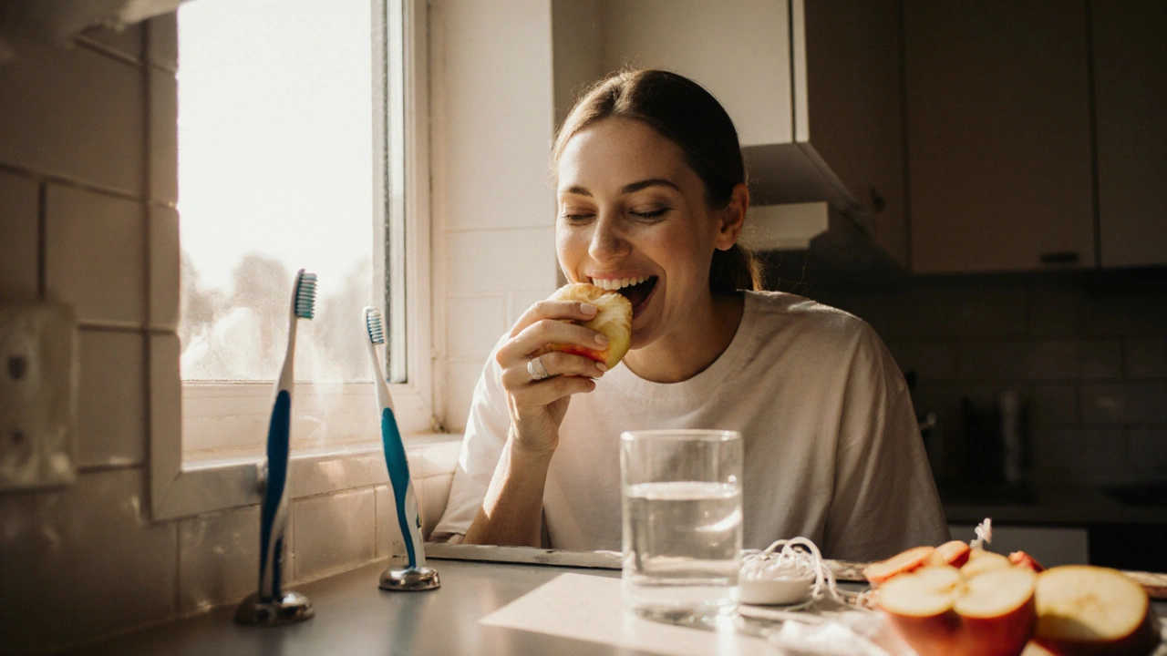 Patient smiling while eating an apple, symbolizing successful dental implant recovery.