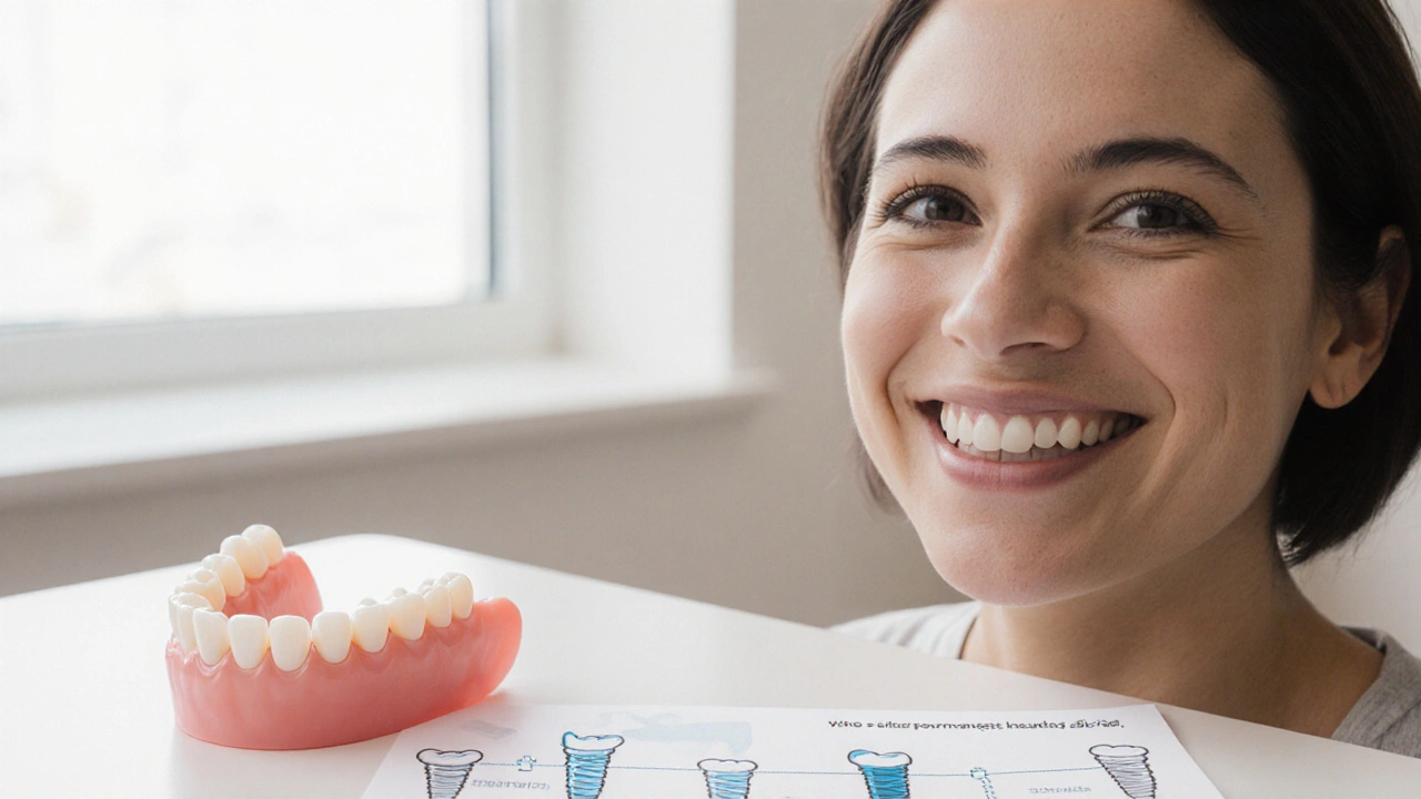 Patient with temporary denture next to permanent crown and healing timeline.