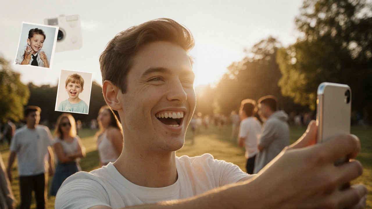 Person laughing freely in sunlight, smile unhidden, surrounded by friends in a park.