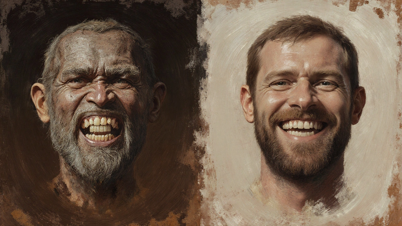 Porovnání pravěké a moderní čelisti s rozdílnými tvary zubů, naznačující evoluční změny v stravě a anatomii.