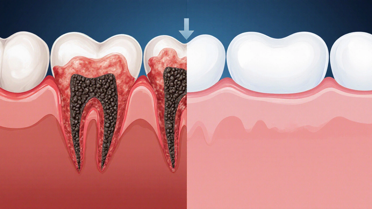 Porovnání zdravé a nemocné dásně s kalcifikovaným zubním kamenem.