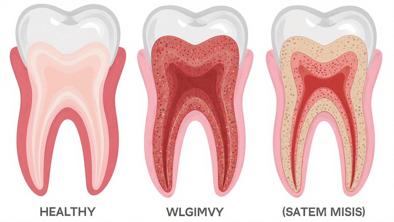 Porovnání zdravých a nemocných dásní s viditelným zubním kamenem a ztrátou kosti.