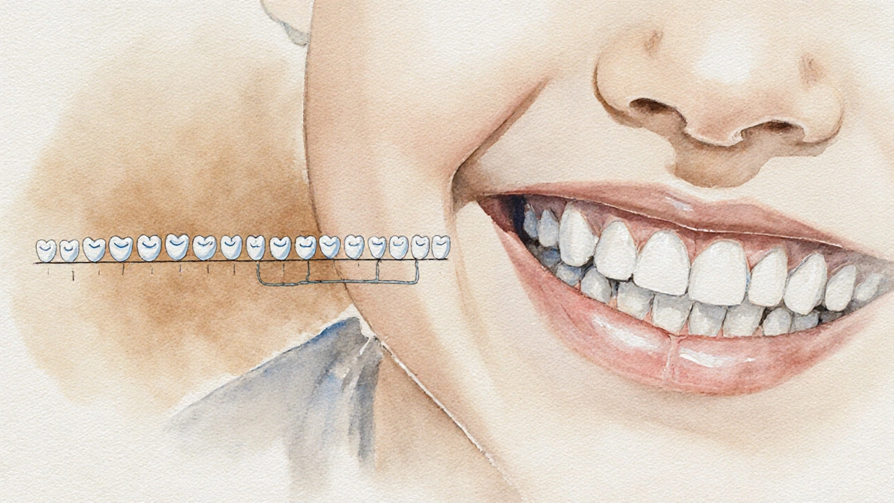 Přechod mléčných zubů na trvalé v dětské čelisti.