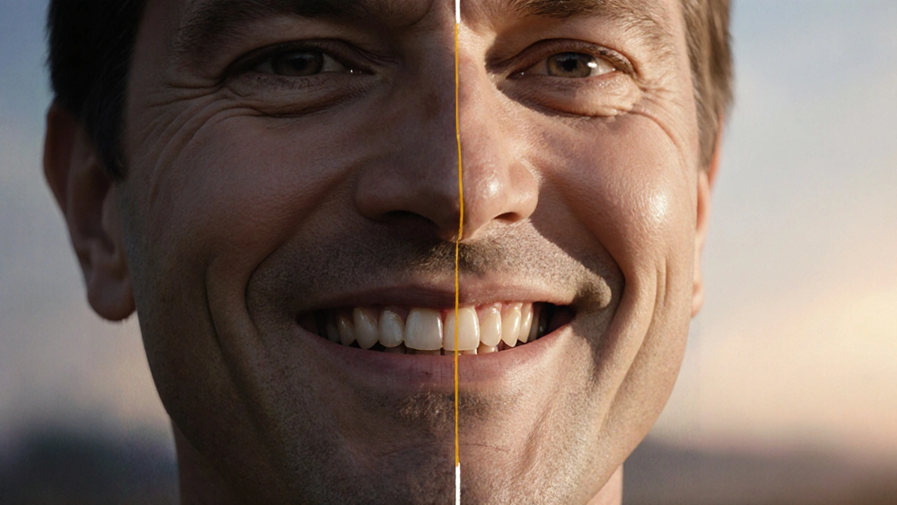 Před a po léčbě progenie: dospělý s přechodem od napjatého vzhledu k sebevědomému úsměvu.