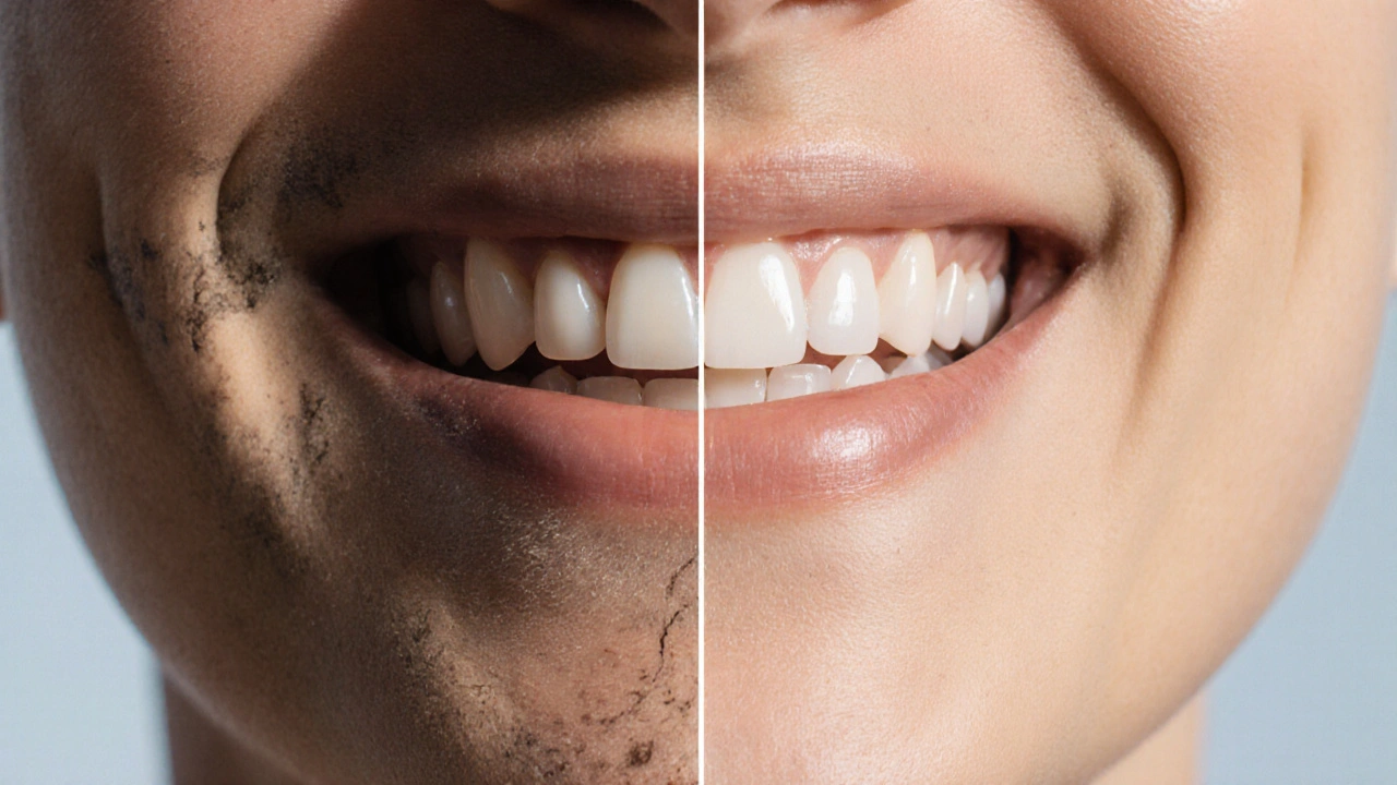 Před a po: špatné zuby vlevo a dokonalý úsměv s veneery vpravo.
