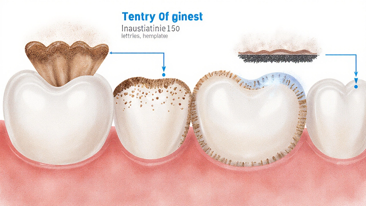 Přehledový náčrt zubu s porovnáním jemného čištění a poškození sklovinky.
