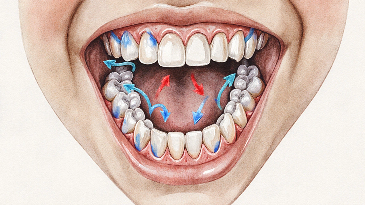 Příčný řez čelistí dítěte s ukázkou vývoje trvalých zubů pod mléčnými zuby.
